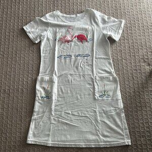 Womens Cover Up White Dress Resort Wear Vacation Flamingos Glitter Front Pockets